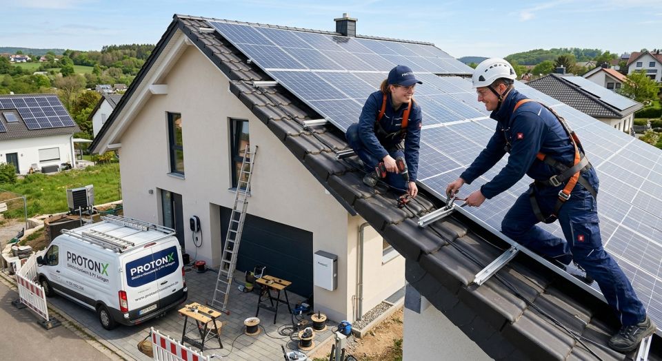 Zwei Monteure in ProtonX-Arbeitskleidung montieren Solarmodule auf einem Satteldach