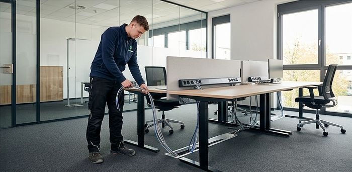 Techniker verlegt Leitungen an einem Büroarbeitsplatz