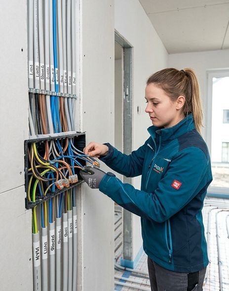 Elektrikerin klemmt Leitungen in einer Abzweigdose an