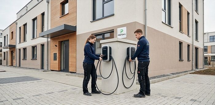 Zwei Ladesäulen für Elektroautos vor einem Wohngebäude