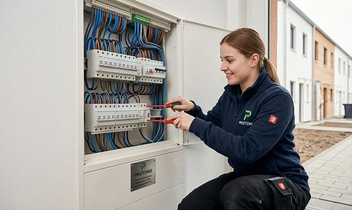 Elektrikerin arbeitet an einem Zählerschrank